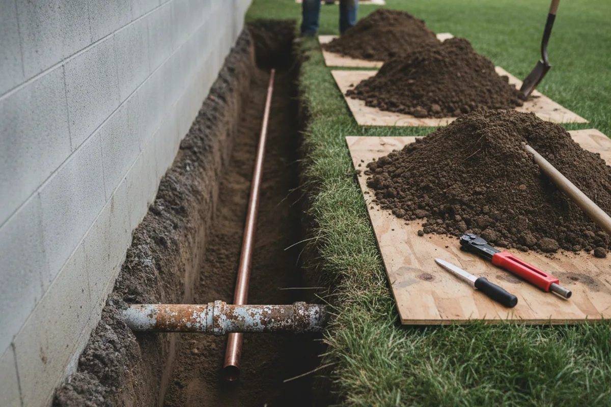 Excavated water line trench during Sewer Line Repair in Watson